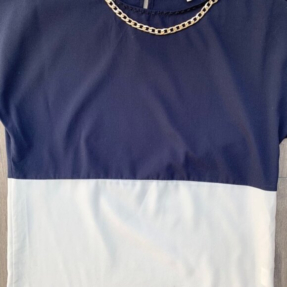 Koton Women’s Blouse Colorblock Gold Chain Short Sleeve Navy White Size 2 - Picture 8 of 12